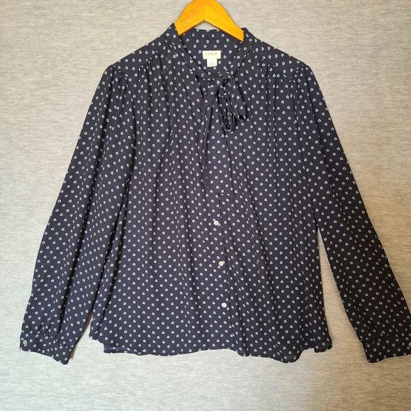 J Crew Womens Blouse Top XL Navy Blue Tie Neck Drapey Poplin Long Sleeve Office - Picture 3 of 8